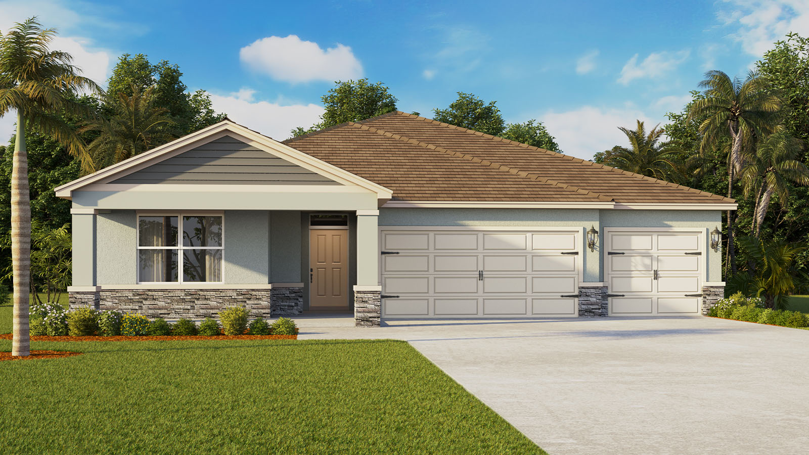 Rendering Exterior of a one story home with 3 car garage