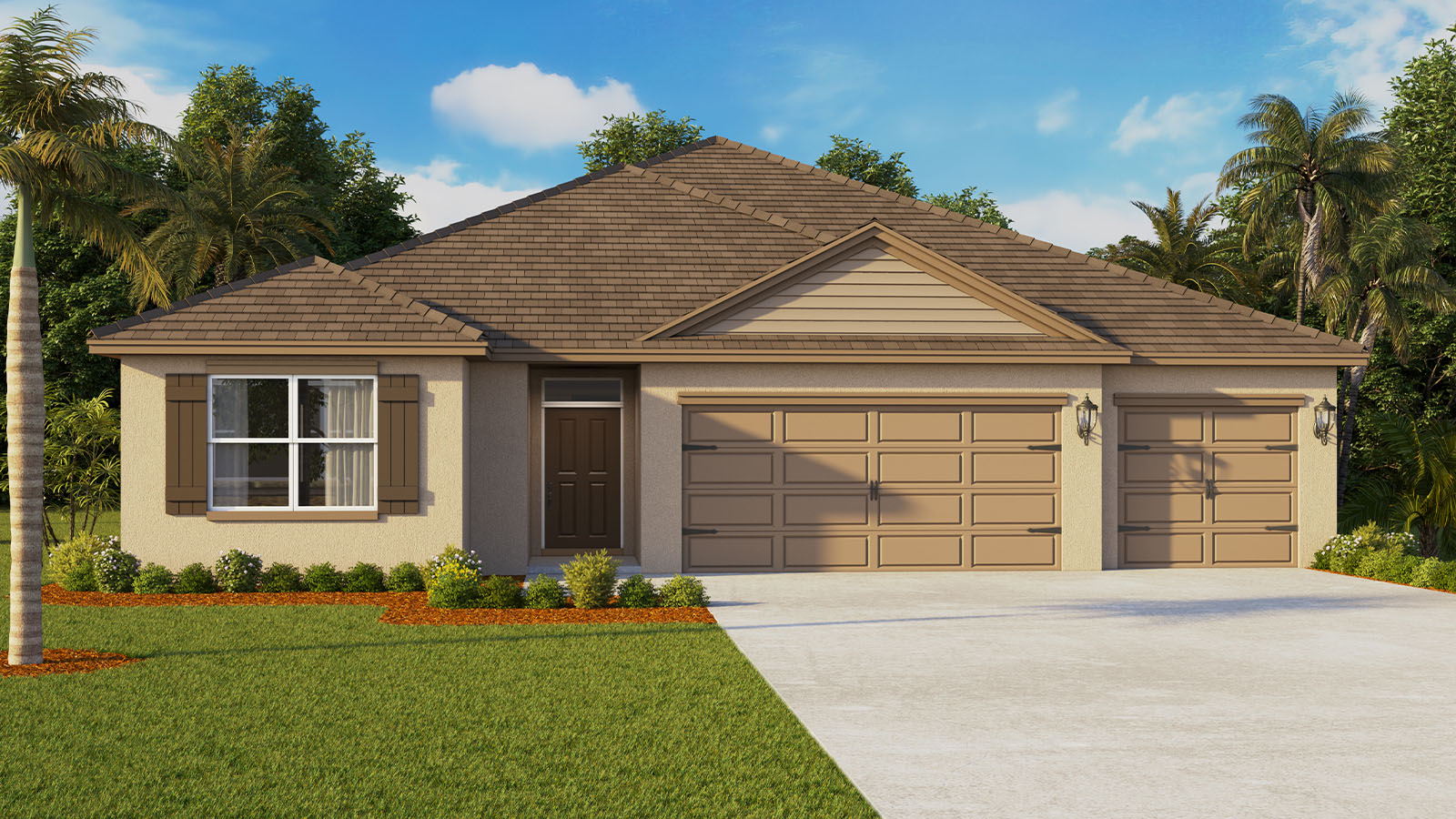Rendering Exterior of a one story home with 3 car garage