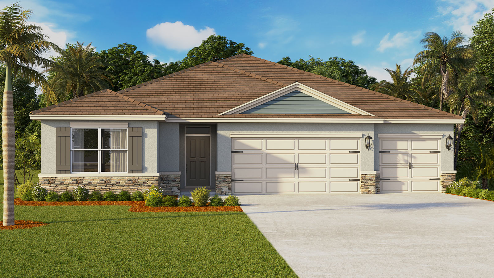 Rendering Exterior of a one story home with 3 car garage