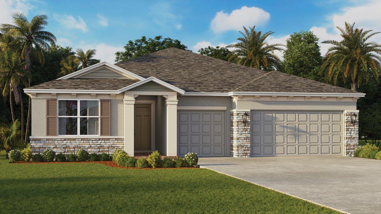 Rendering of One-story home exterior with 3 car garage
