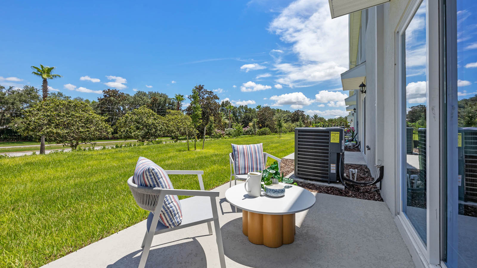 Patio with chairs and coffee table