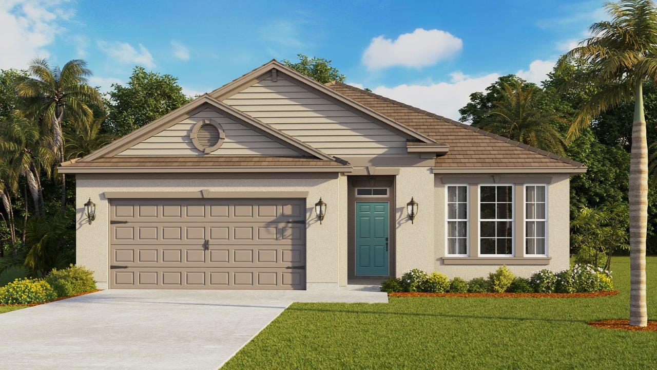 Rendering of One-story home exterior with 2 car garage