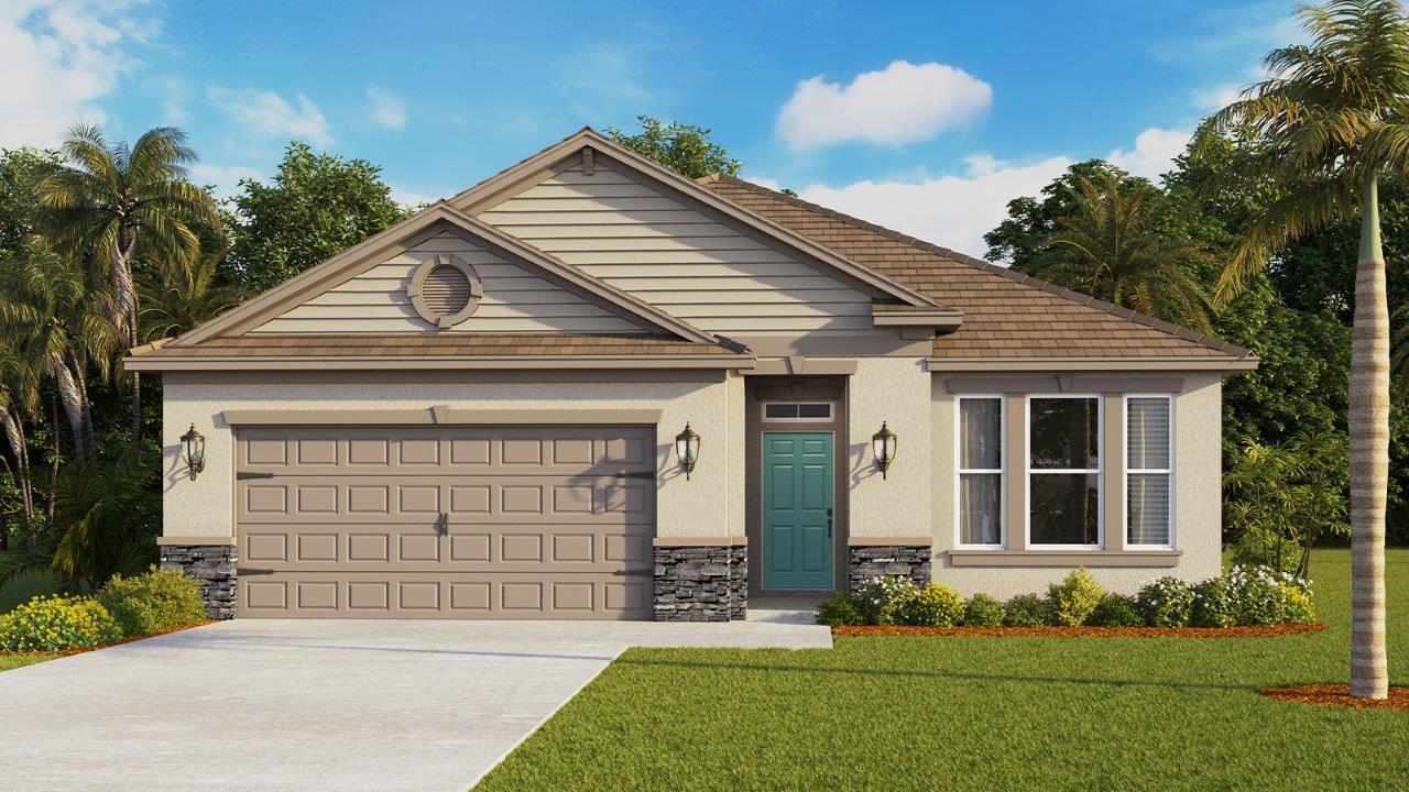 Rendering of One-story home exterior with 2 car garage and stone exterior