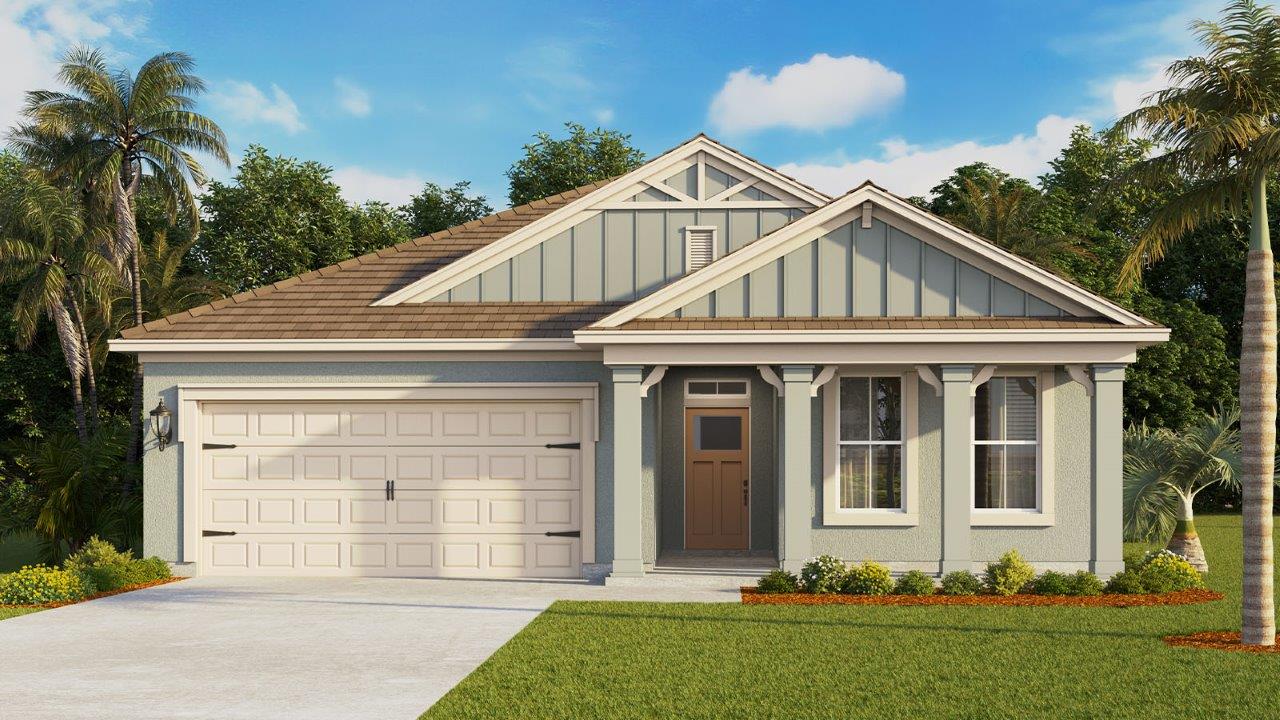 Rendering of One-story home exterior with 2 car garage and front porch
