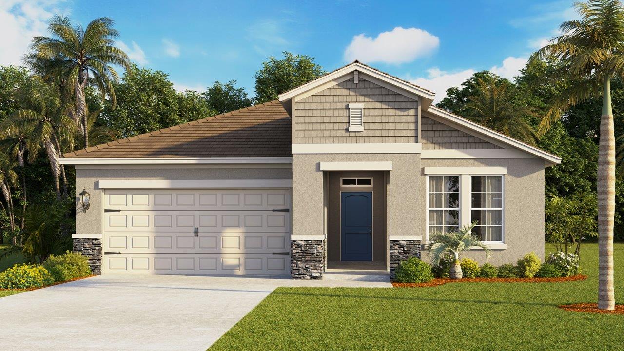 Rendering of One-story home exterior with 2 car garage, front door nook and stone exterior