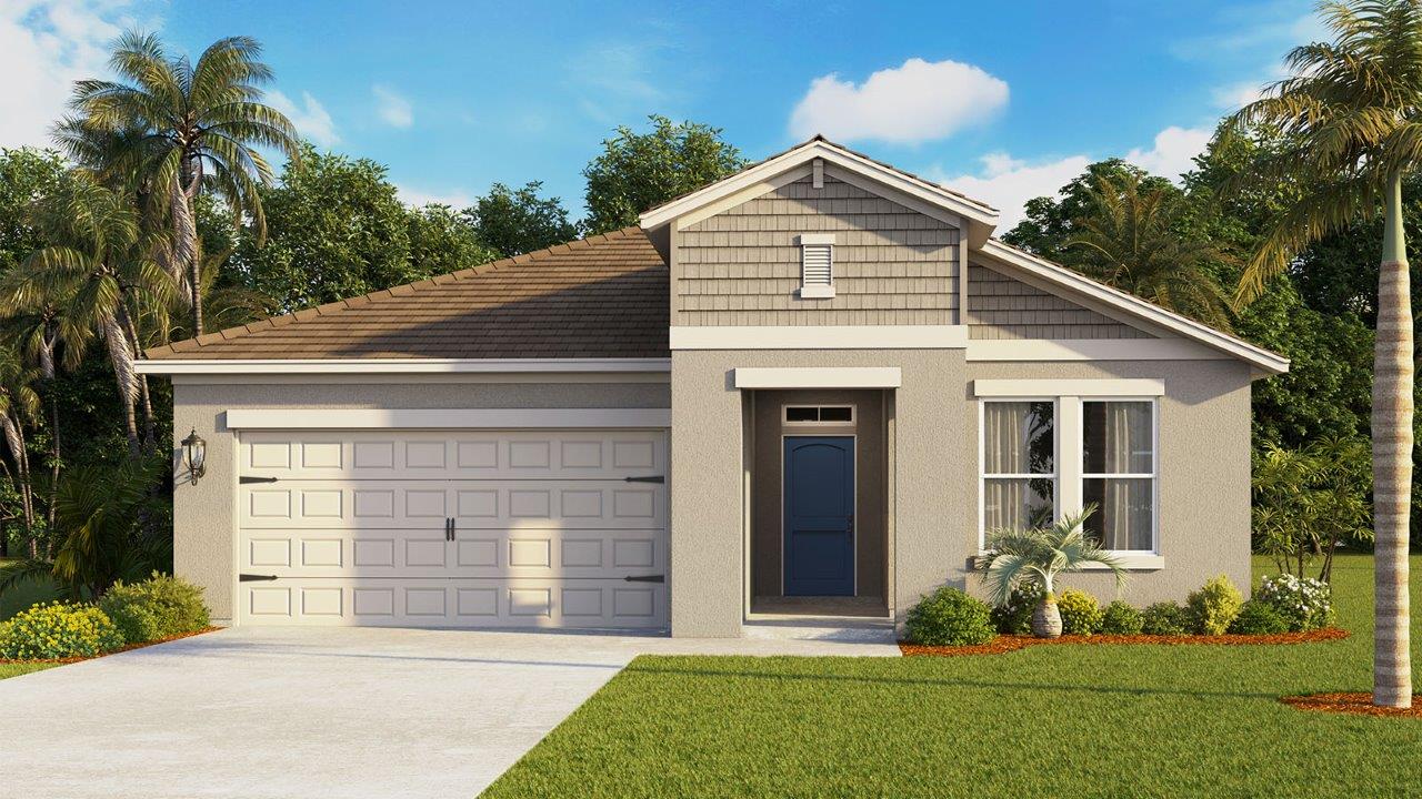 Rendering of One-story home exterior with 2 car garage