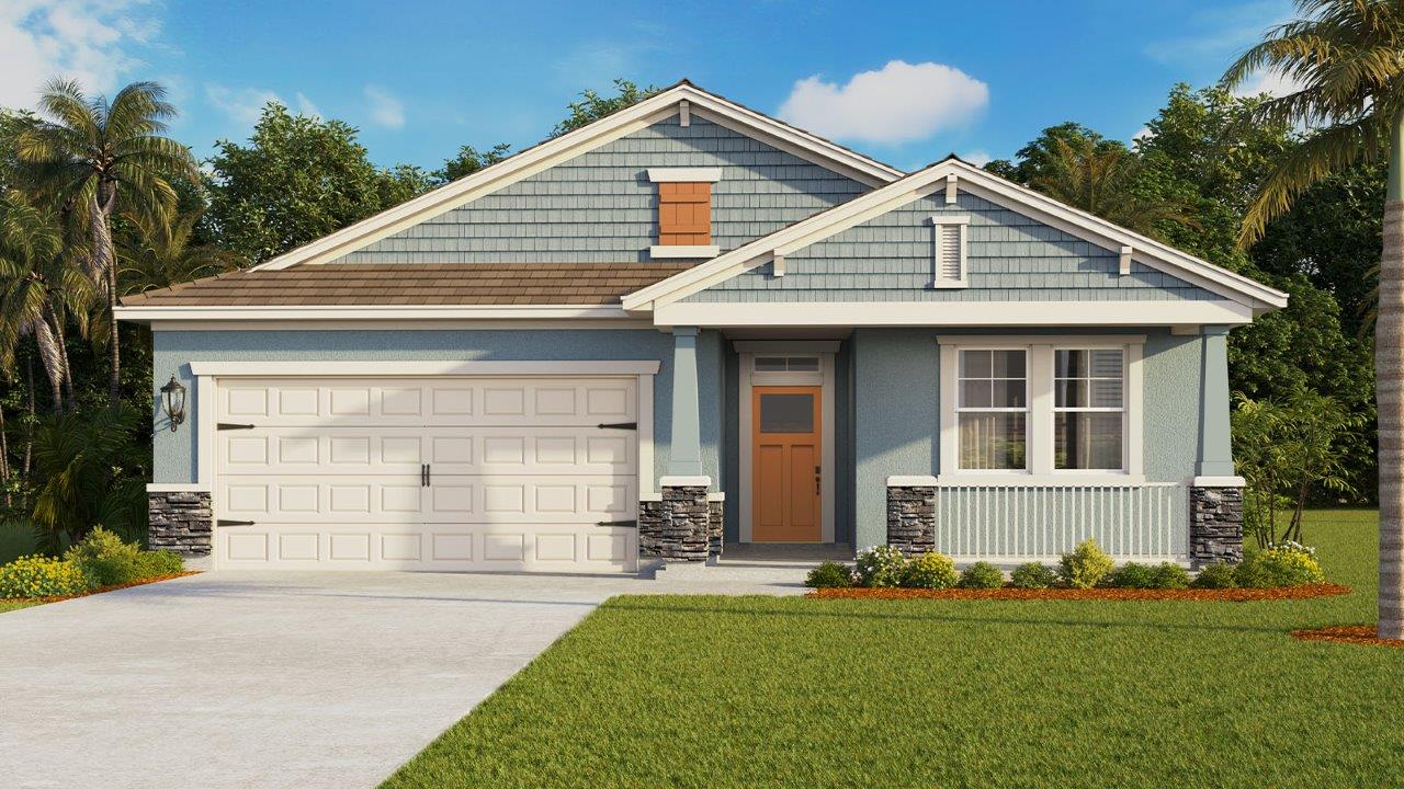 Rendering of One-story home exterior with 2 car garage, front porch and stone exterior