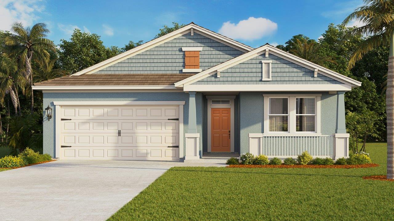 Rendering of One-story home exterior with 2 car garage and front porch