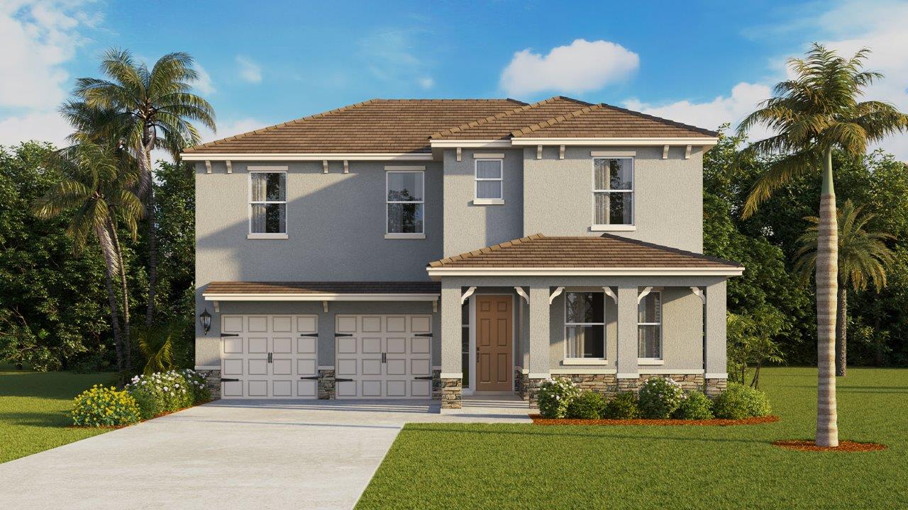 Exterior two-story home with a front porch and stone exterior