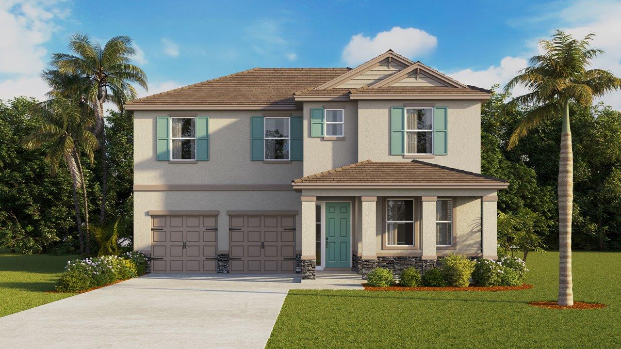 Exterior of a tan two-story home with a front porch, shutters, and stone exterior