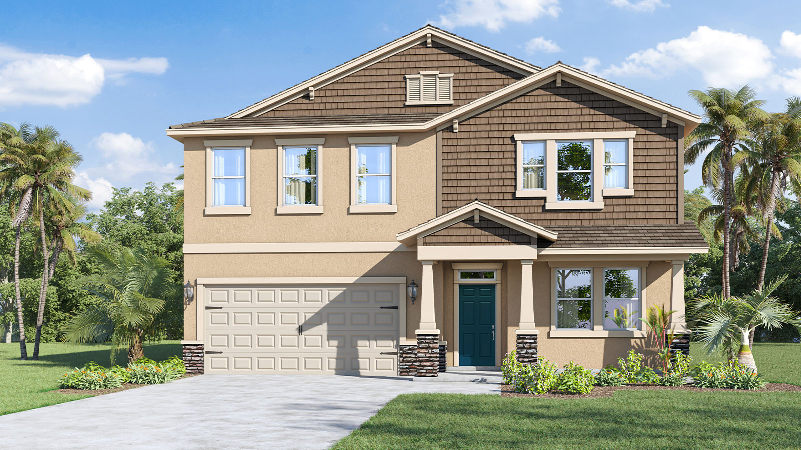 Two story single family home with two car garage front porch and stone exterior