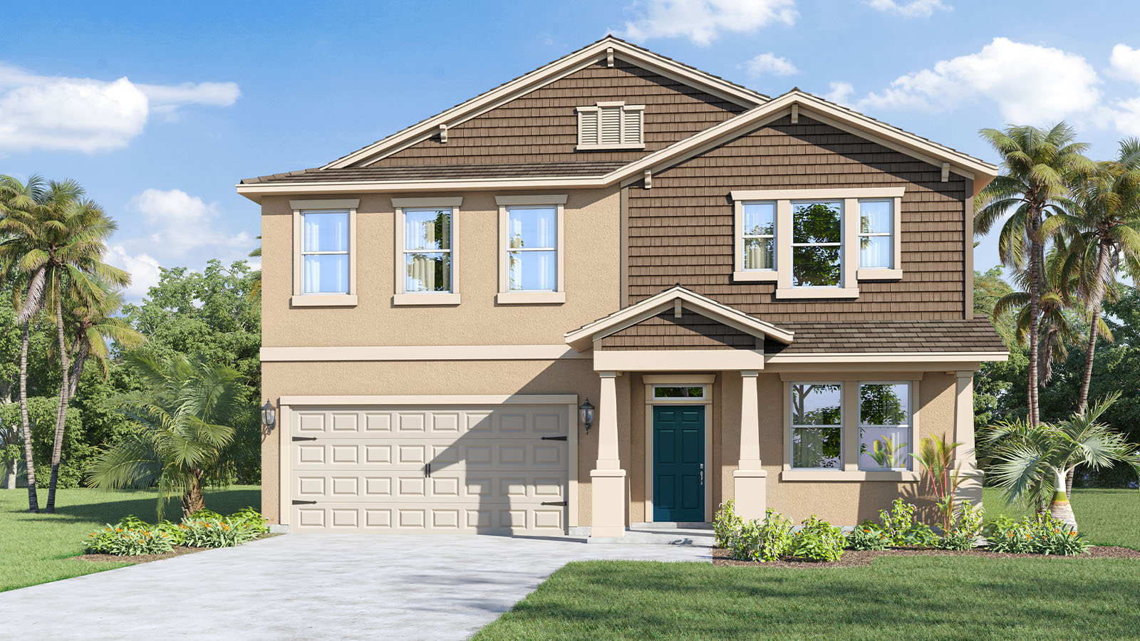 Two story single family home with two car garage front porch