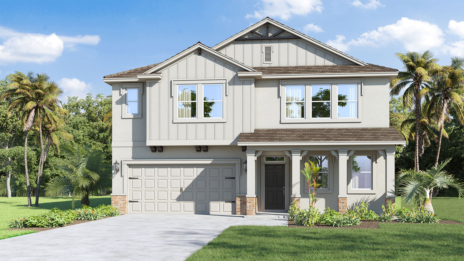 Two story single family home with two car garage front porch and stone exterior