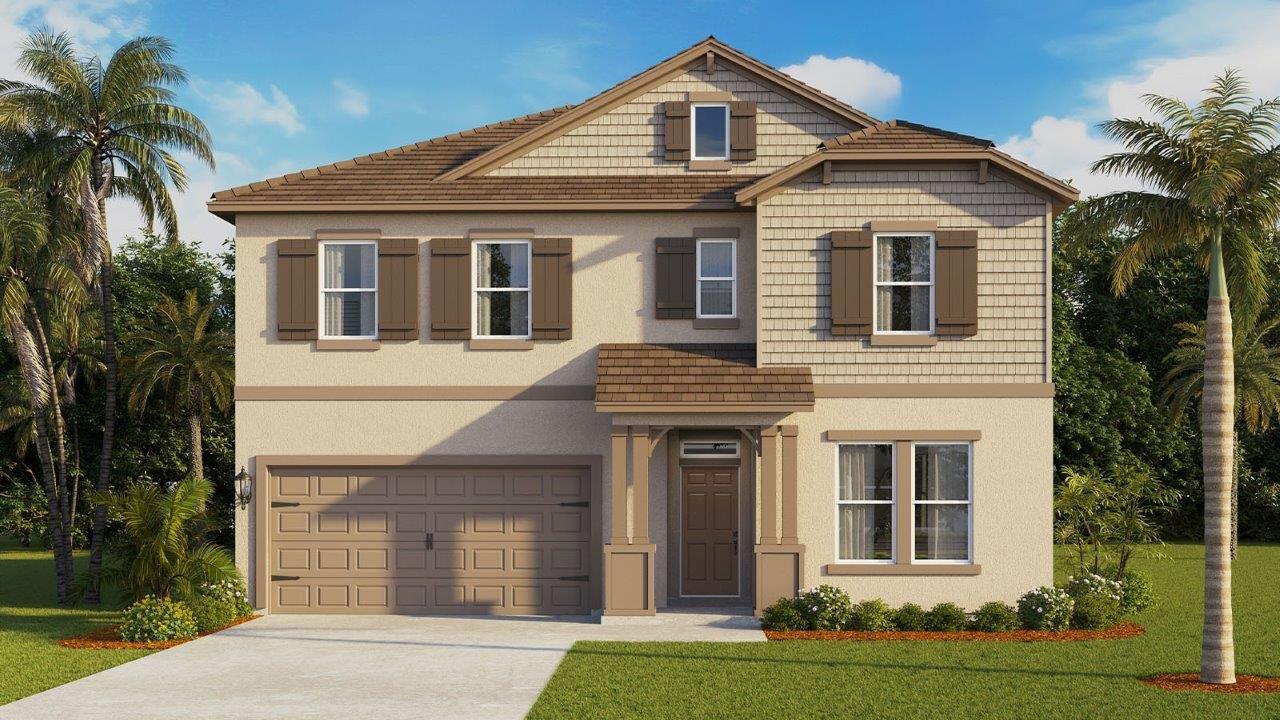Rendering Two Story Home with two car garage with stone and shutters