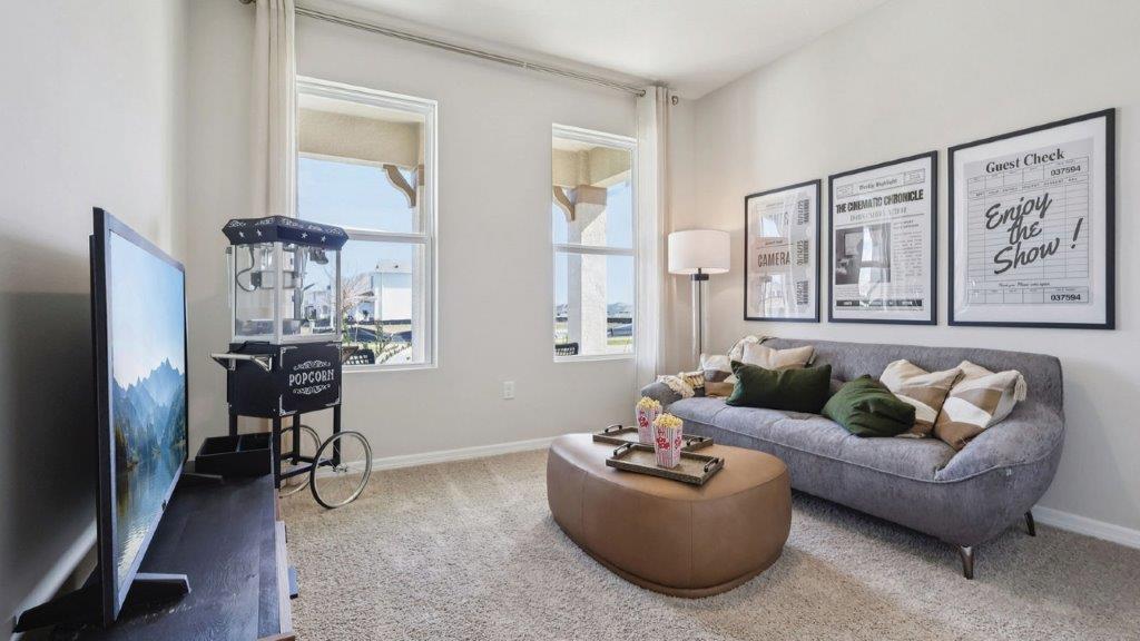 guest bedroom decorated as movie room