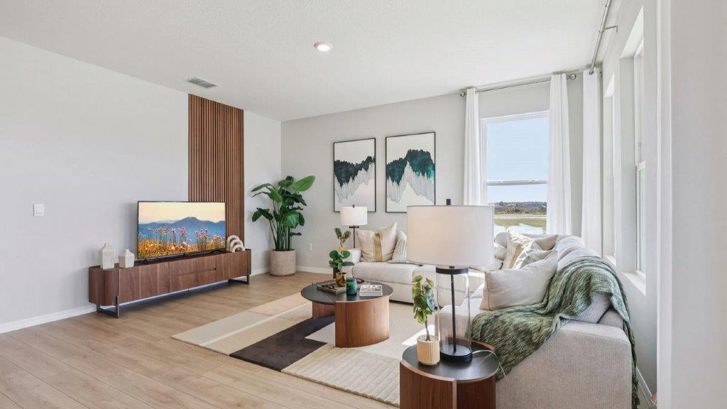 living room decorated with couch, tv, and coffee table