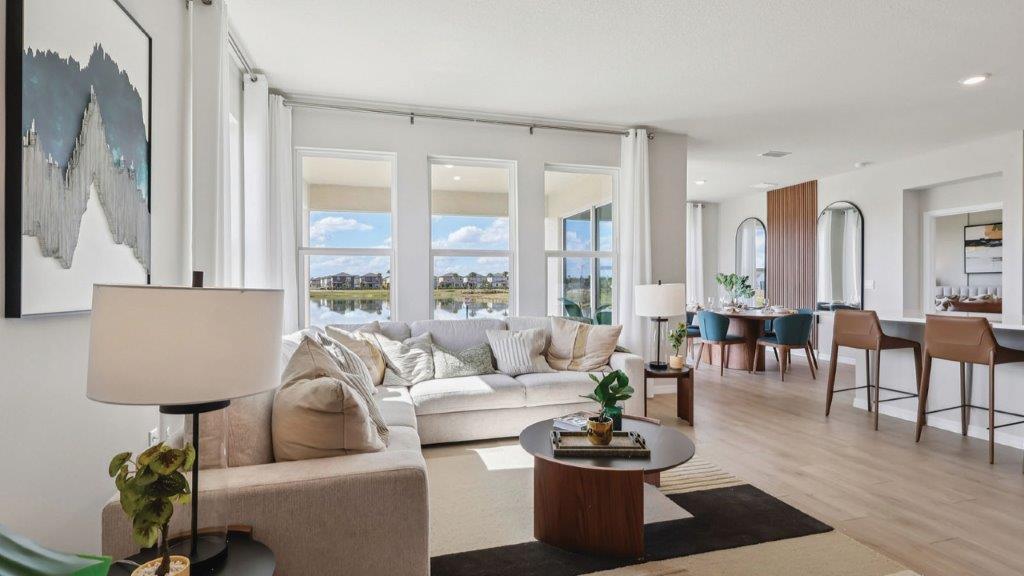living room with view of kitchen and dining