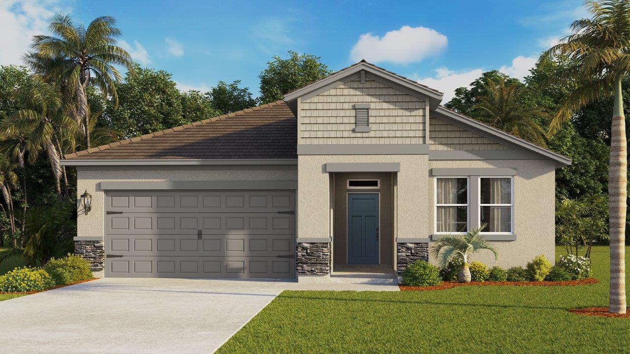 Rendering of One-story home exterior with 2 car garage and stone finishes