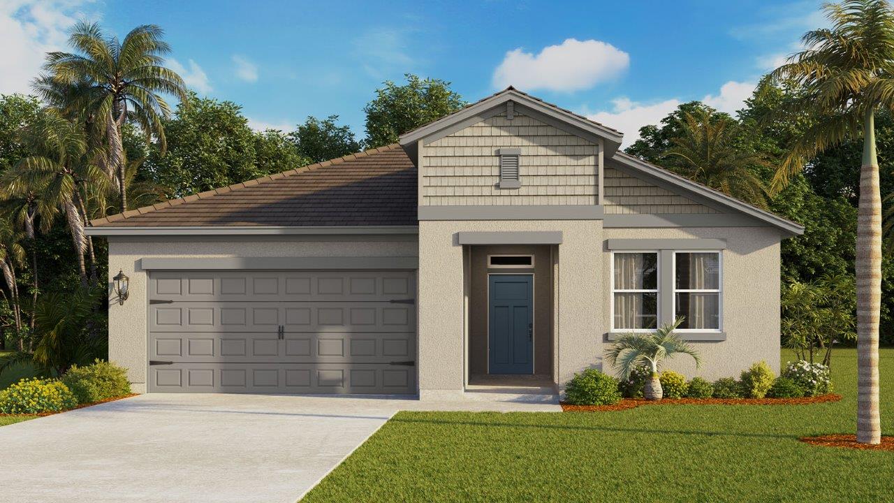 Rendering of One-story home exterior with 2 car garage