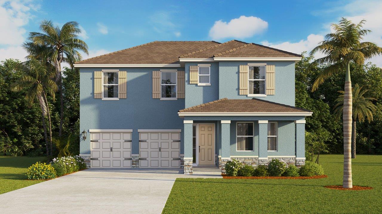 Rendering two story plan with stone finishes and 2 car garage