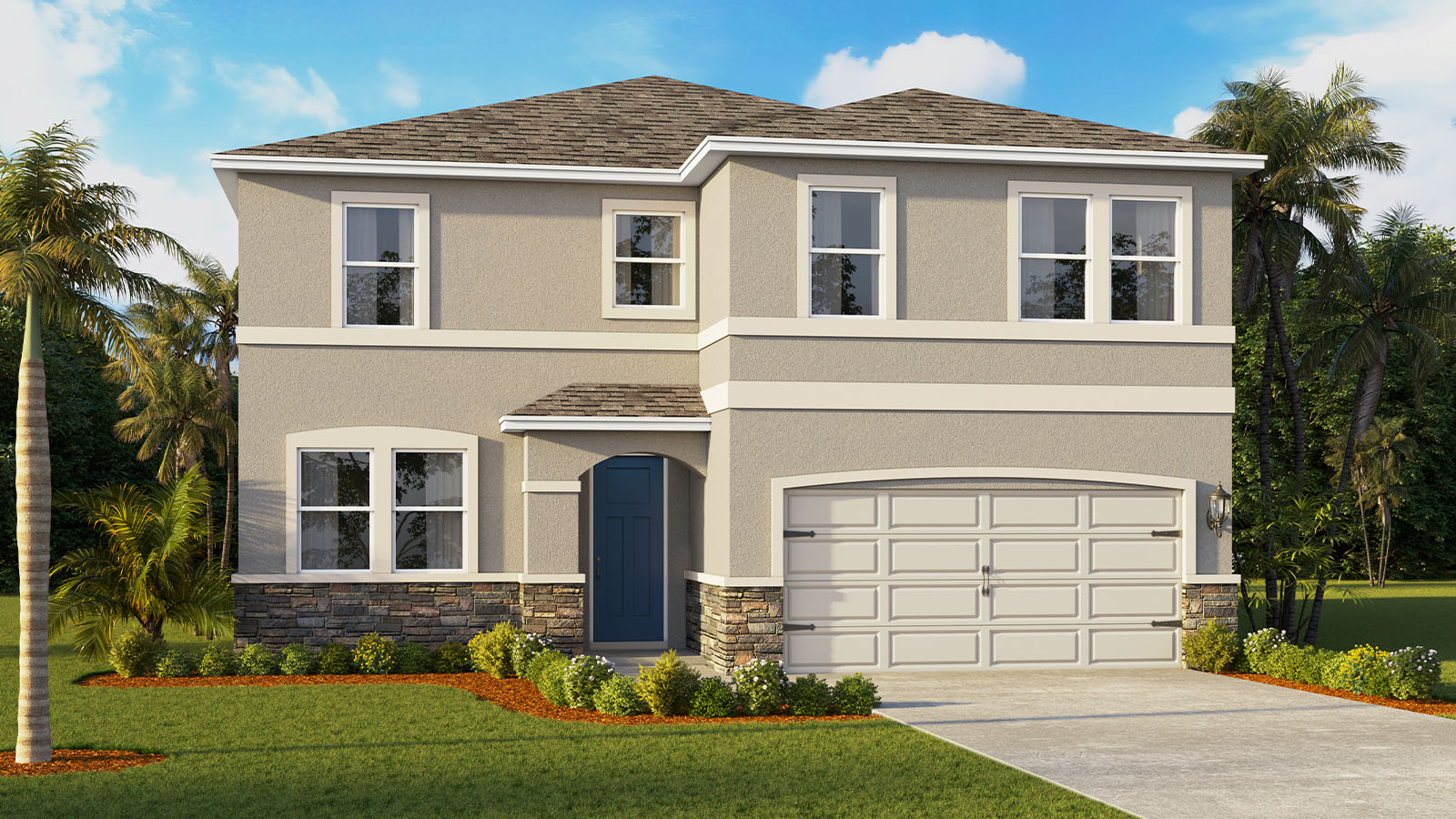 Two story single family home with two car garage with stone exterior