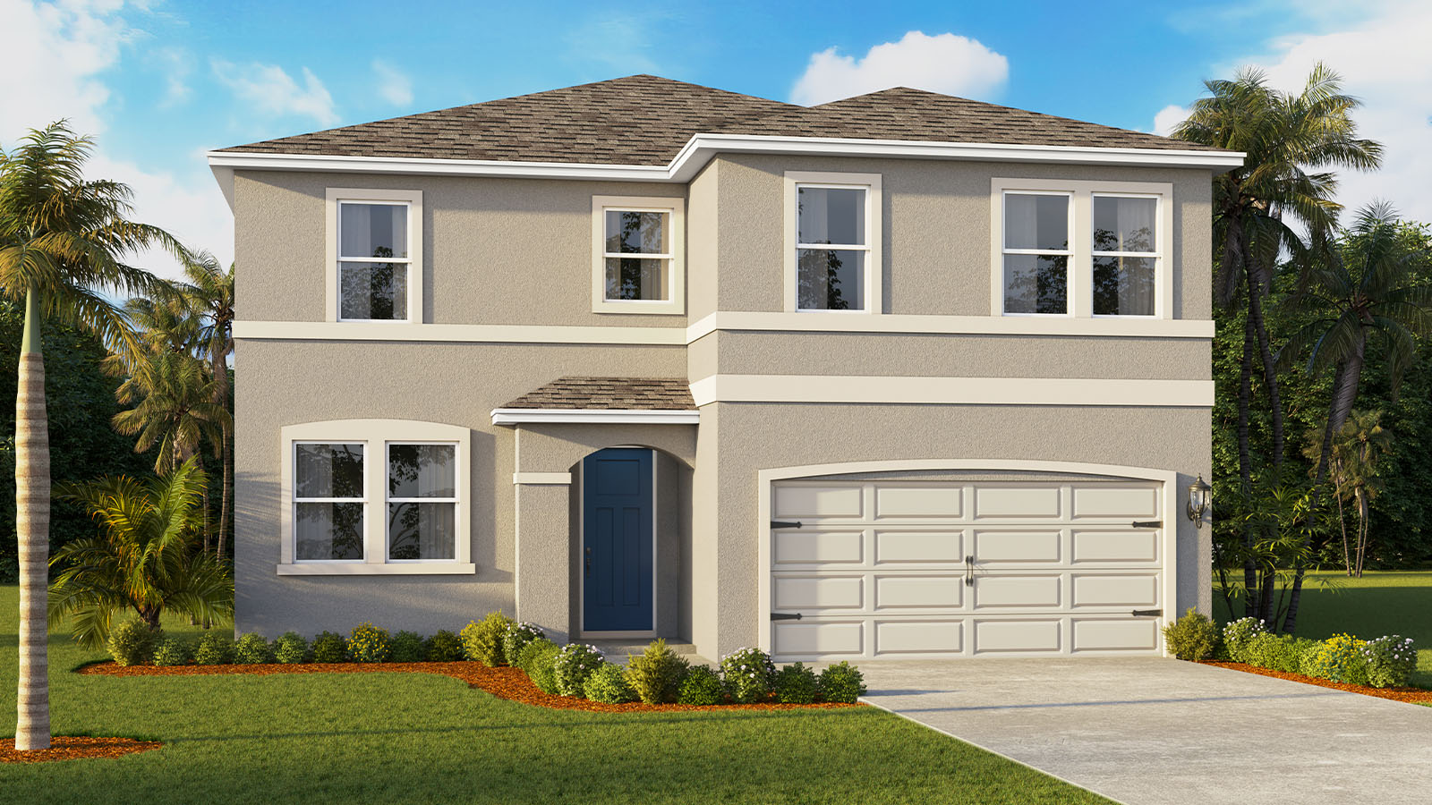 Two story single family home with two car garage with white exterior