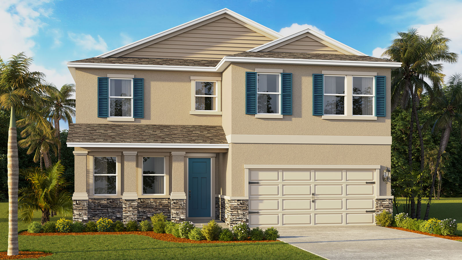 Two story single family home with two car garage with stone exterior