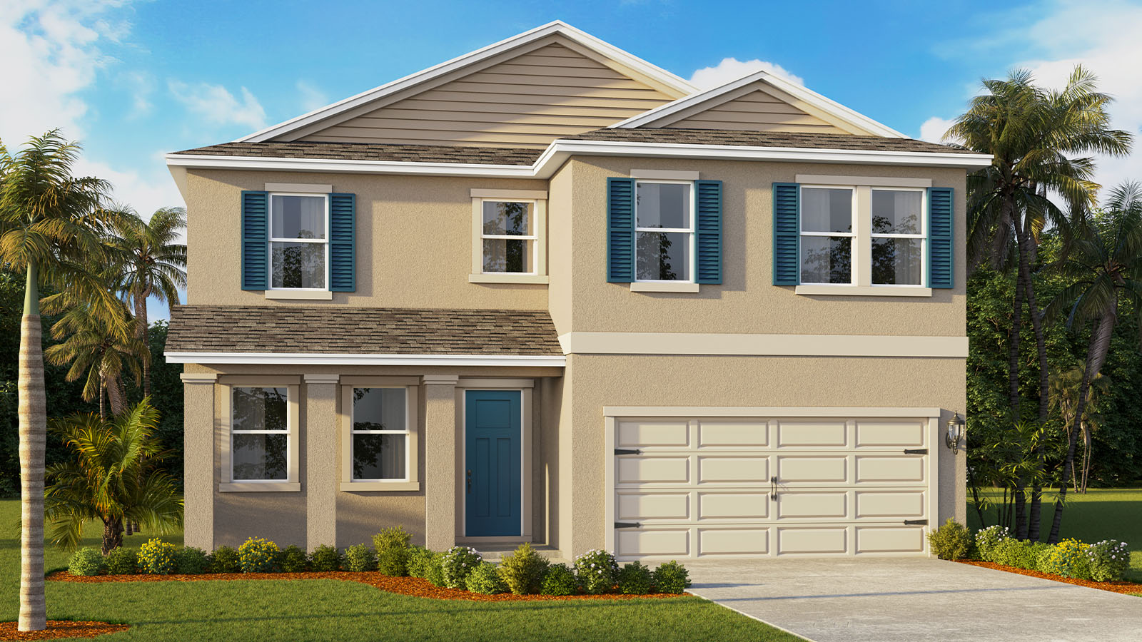 Two story single family home with two car garage with tan exterior