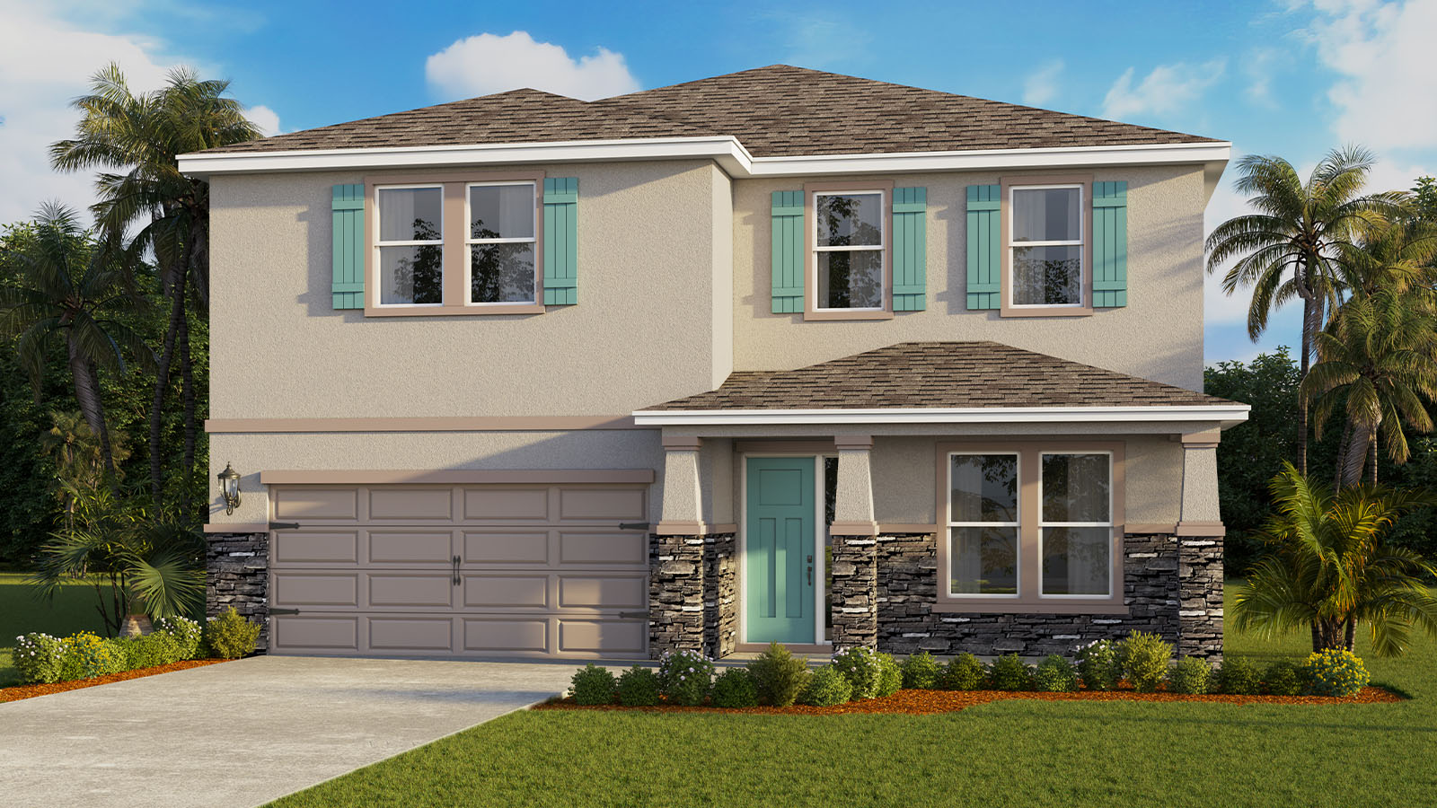 Rendering of a two-story home with stone finishes and a front porch