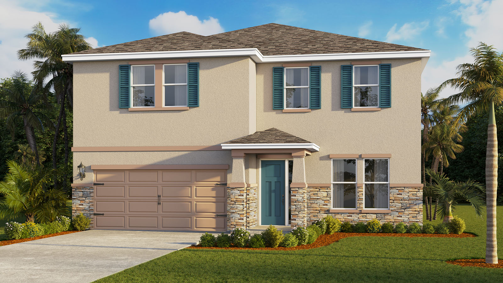 Rendering of Two story single family home with two car garage with tan exterior and stone