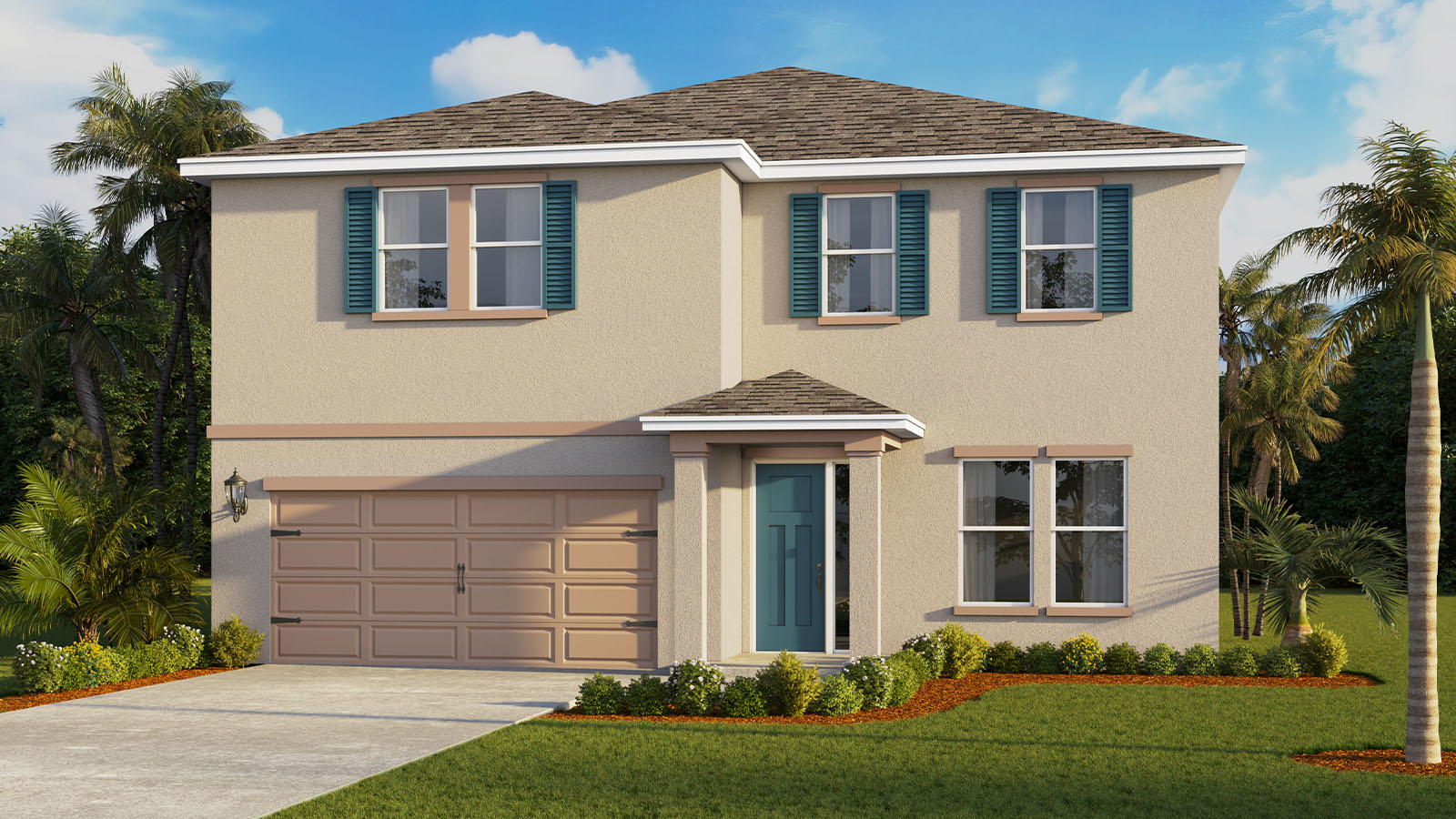 Rendering of Two story single family home with two car garage with tan exterior