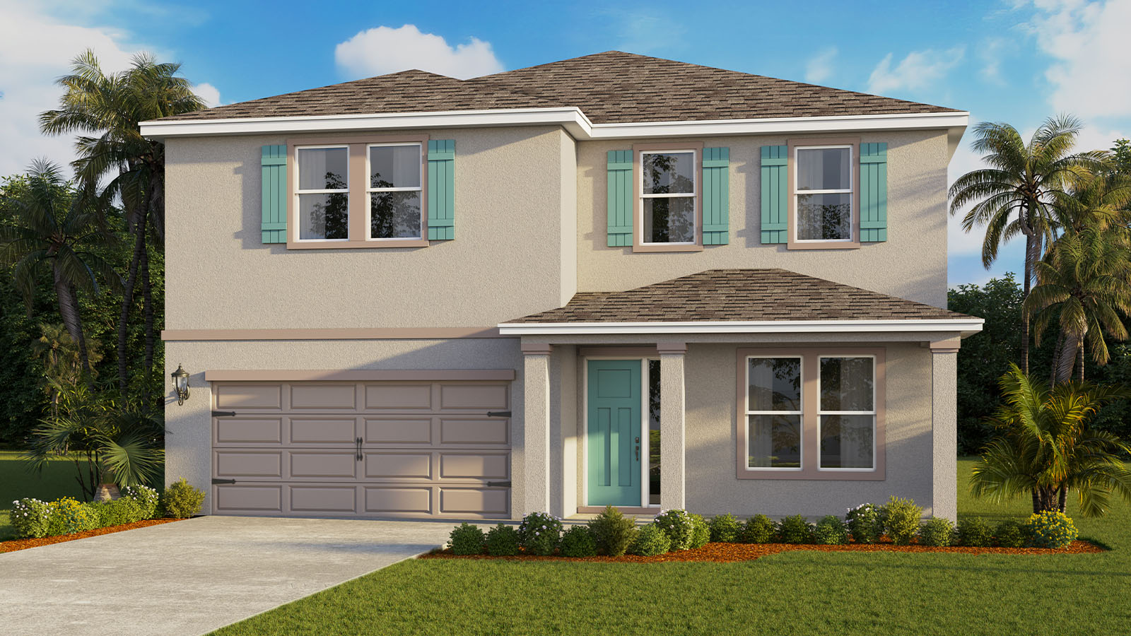 Rendering of Two story single family home with two car garage with white exterior