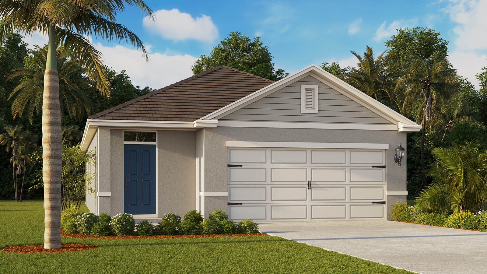 Rendering of One-story home exterior with 2 car garage