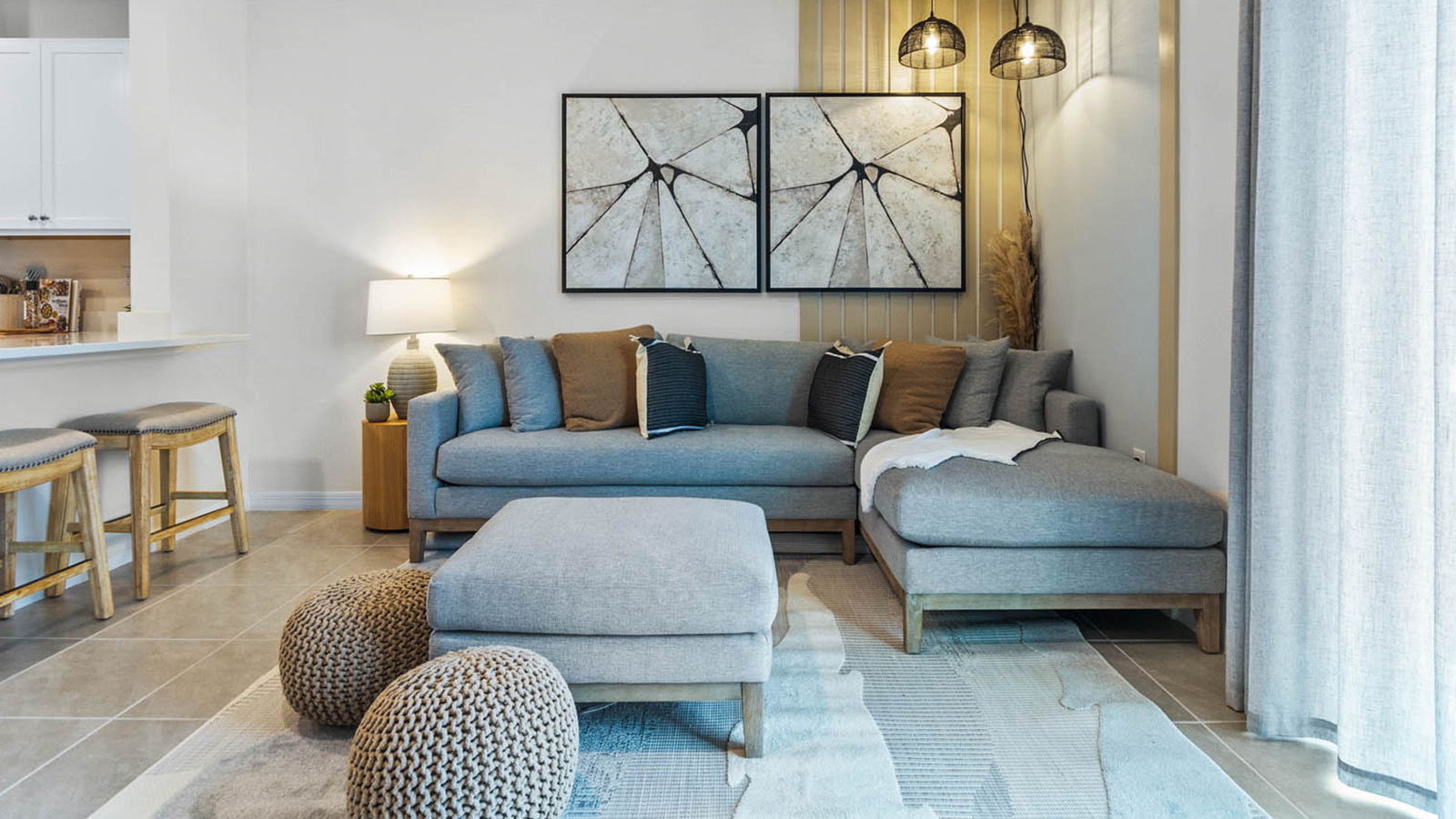 Living room with sectional and ottoman