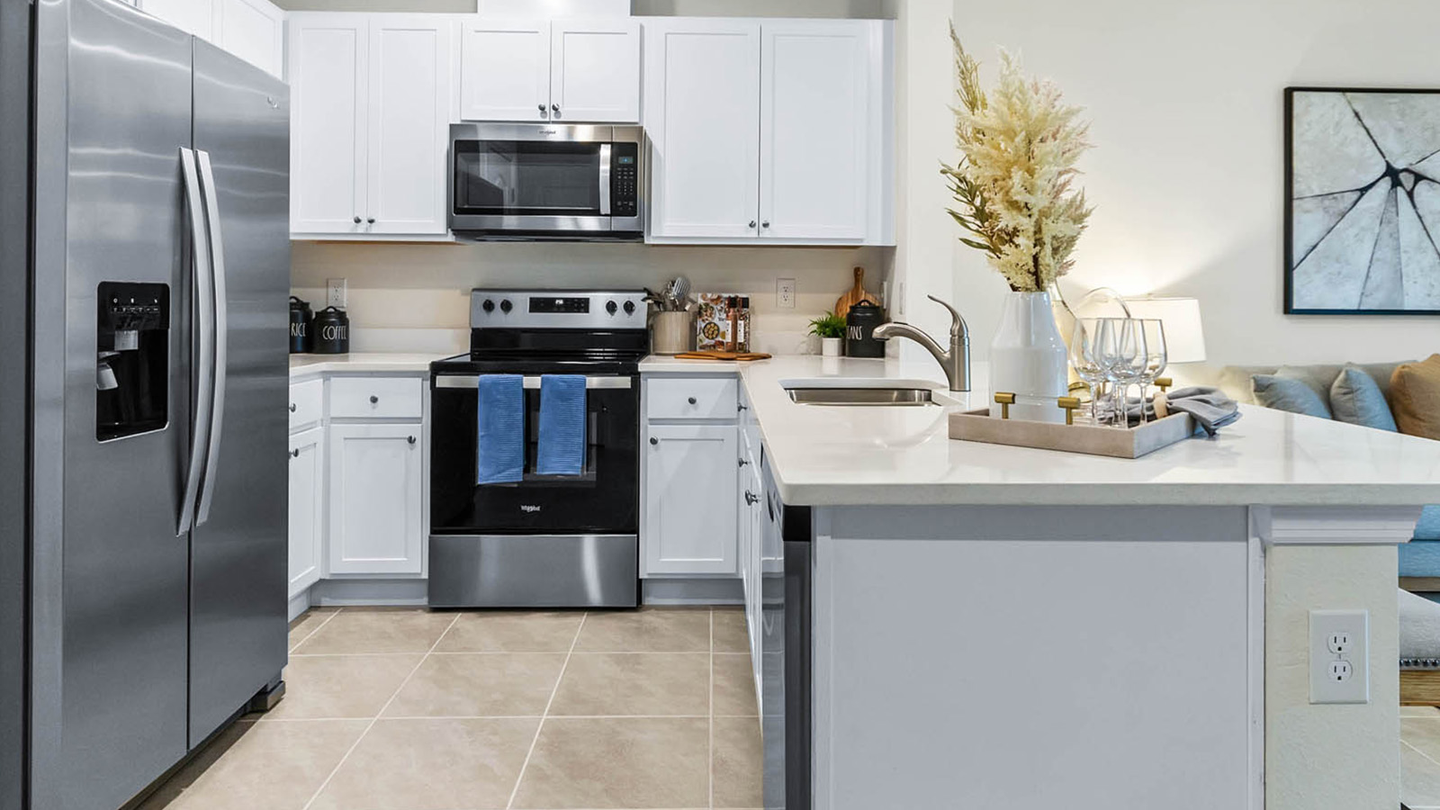 Kitchen overview with stainless steel appliances