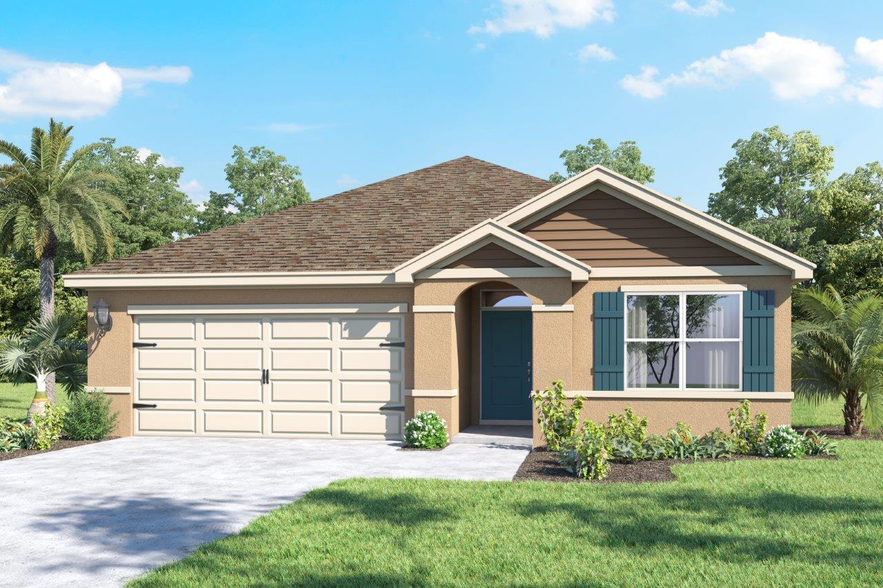 Exterior rendering of a single story home with a two-car garage