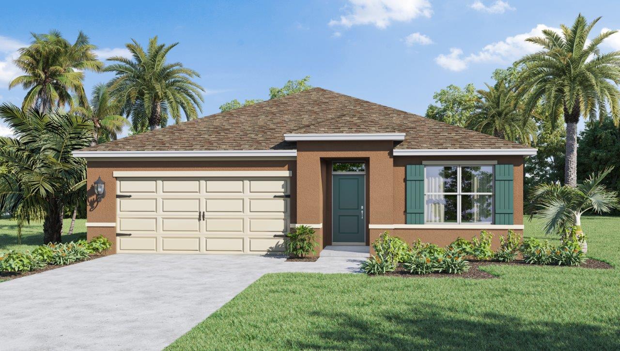Exterior rendering of a single story home with a two-car garage