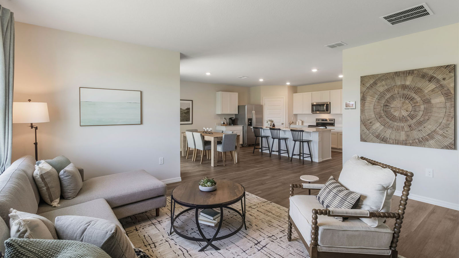 Living room with view of the kitchen