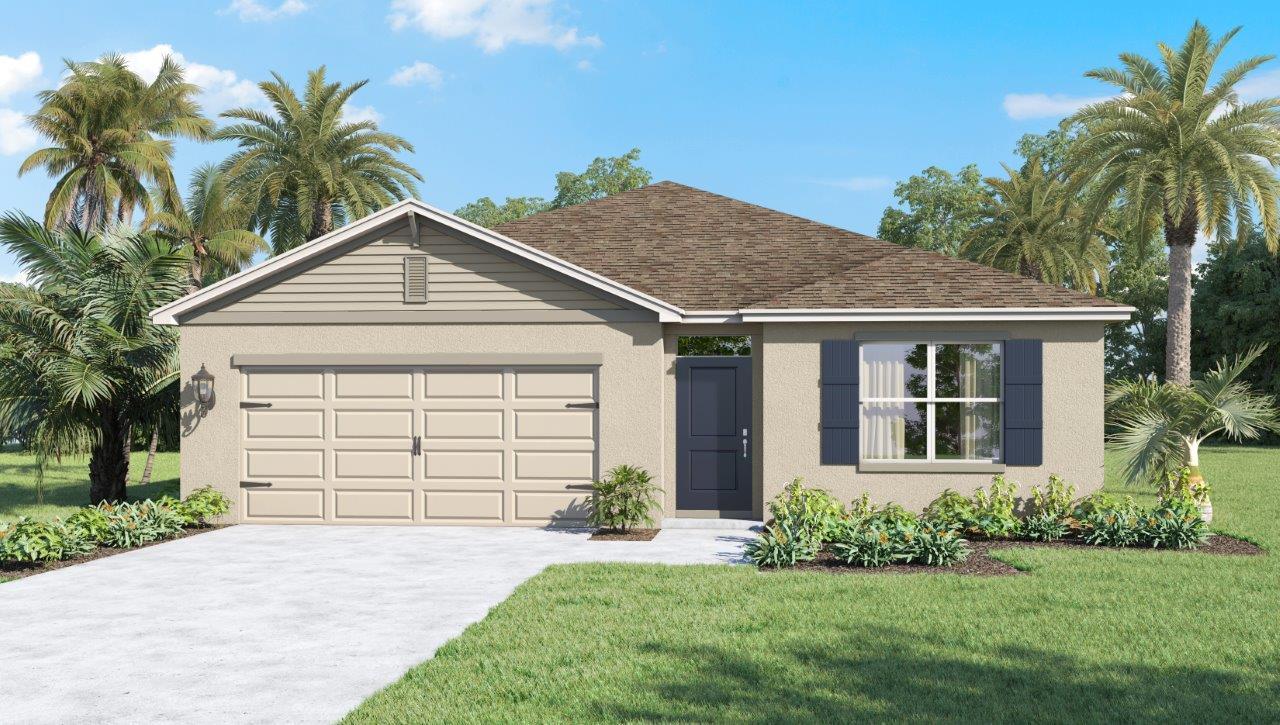 Rendering of an exterior single family home with two car garage