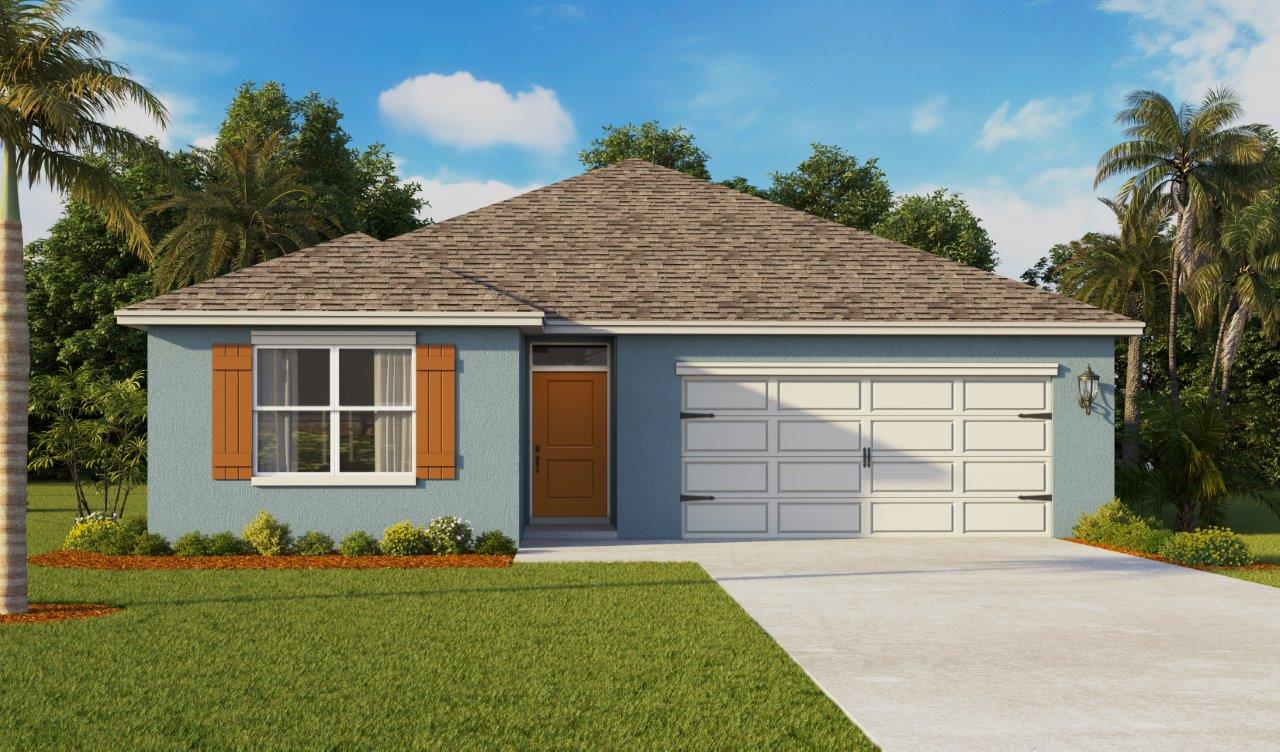 Exterior rendering of a single family home with a two-car garage