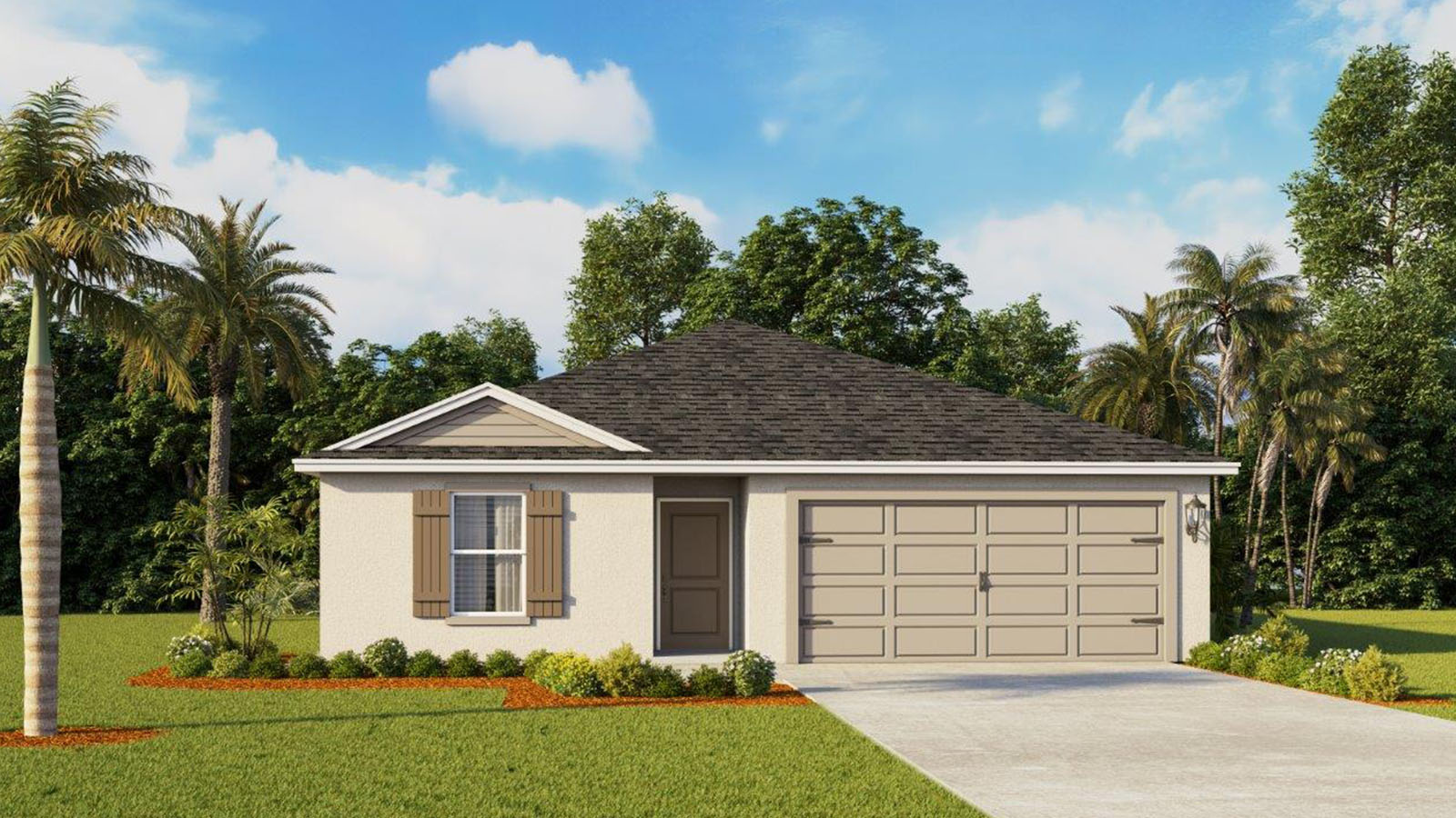 Rendering of a one story home with light color exterior and tan shutters