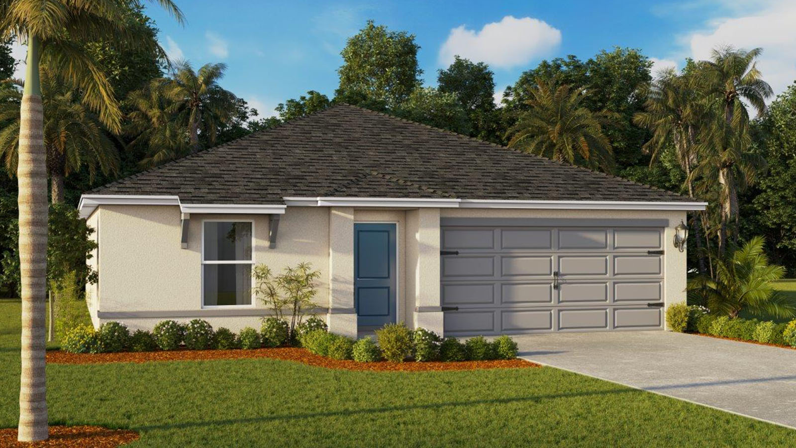 Rendering of One-story home exterior with 2 car garage and blue shutters