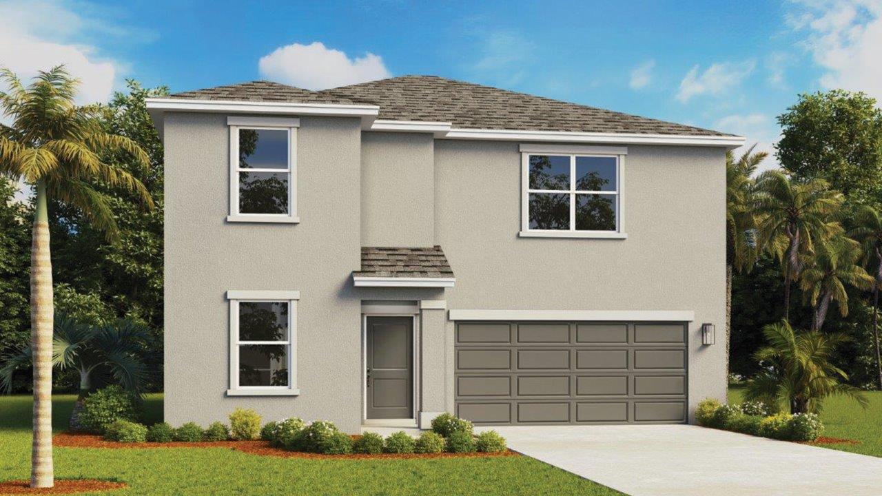 Rendering of two story home with two car garage