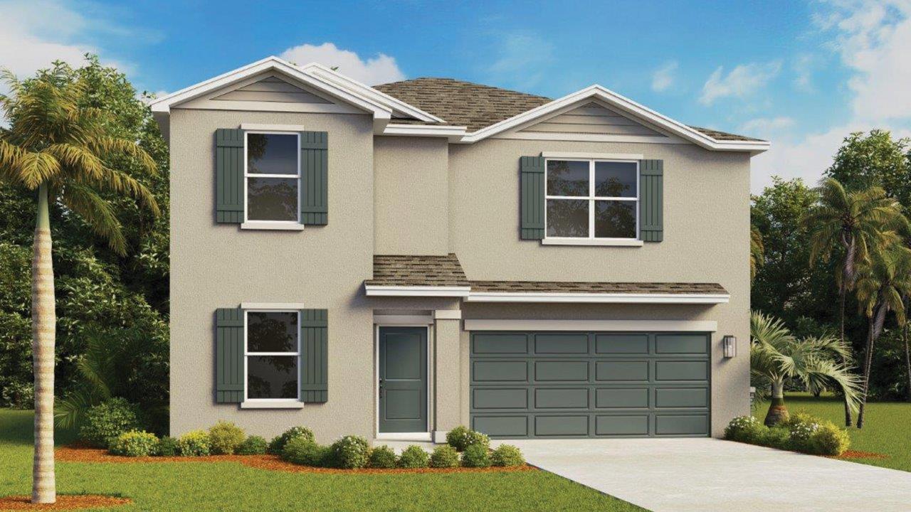 Rendering of two story home with two car garage