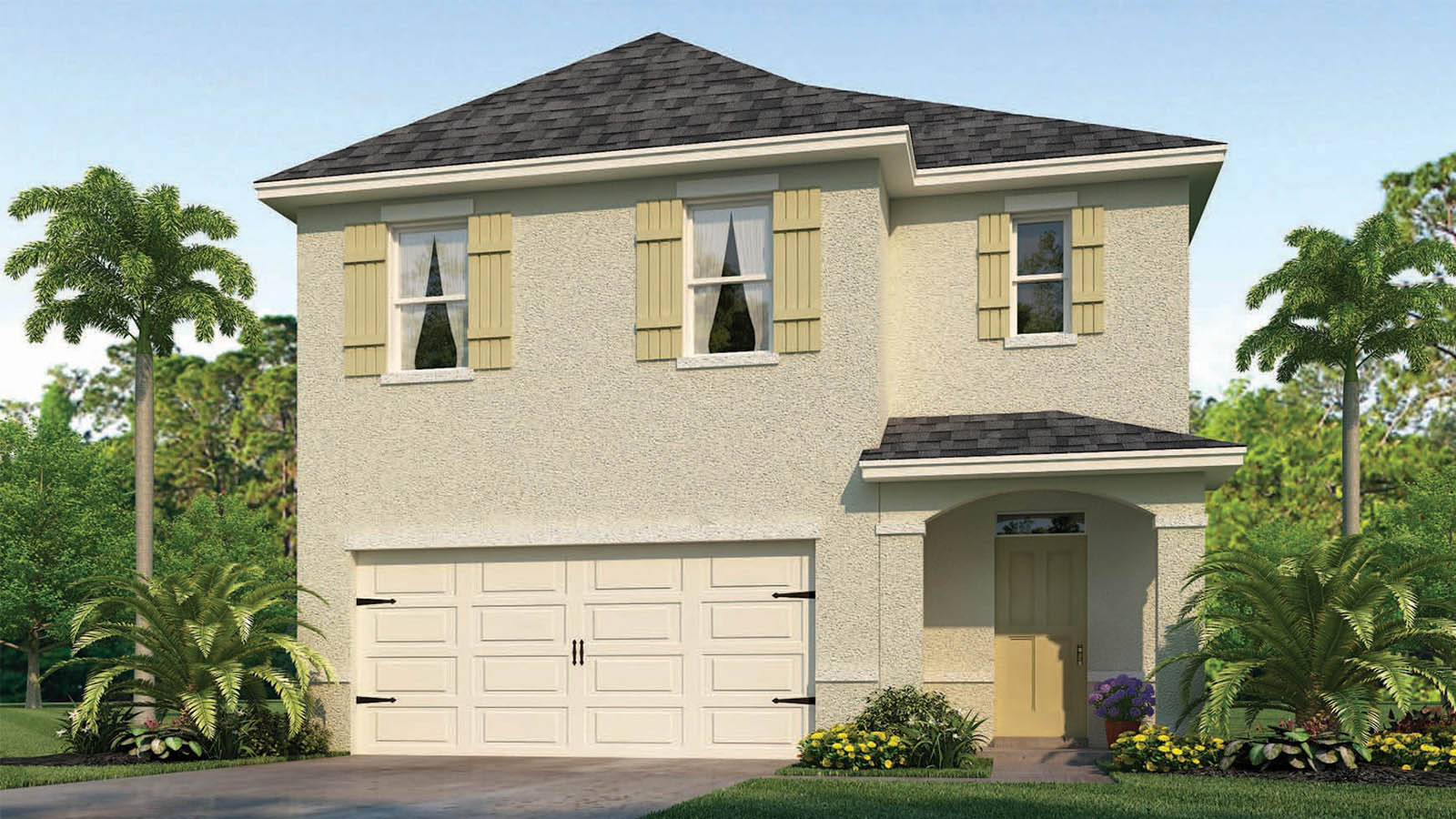 Rendering of Two story single family home with two car garage with tan exterior and stone