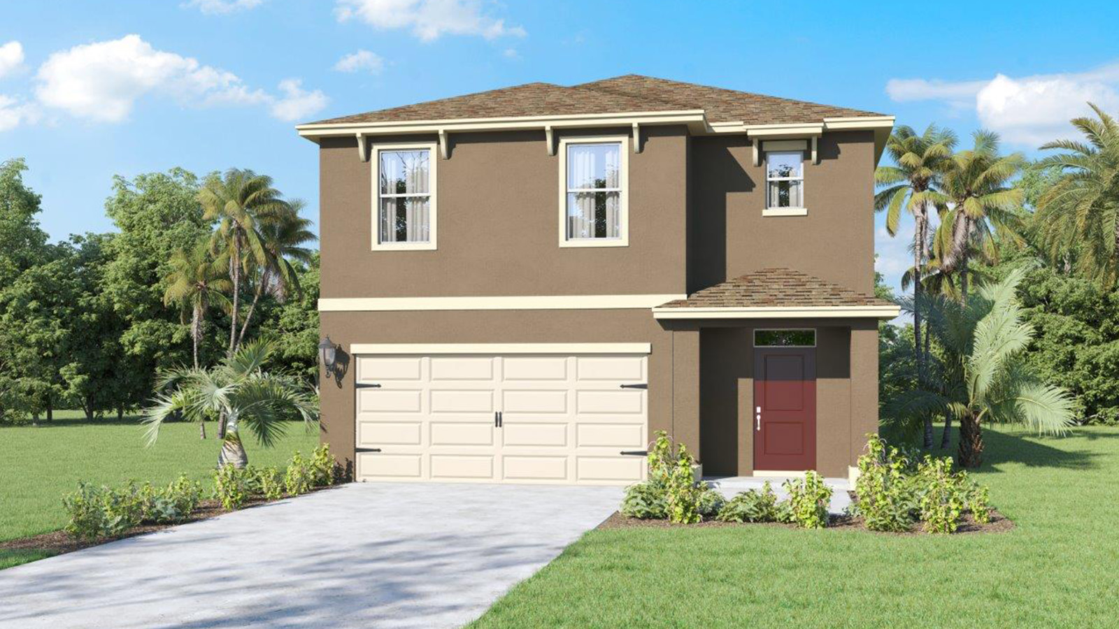 Rendering of Two story single family home with two car garage with tan exterior and stone