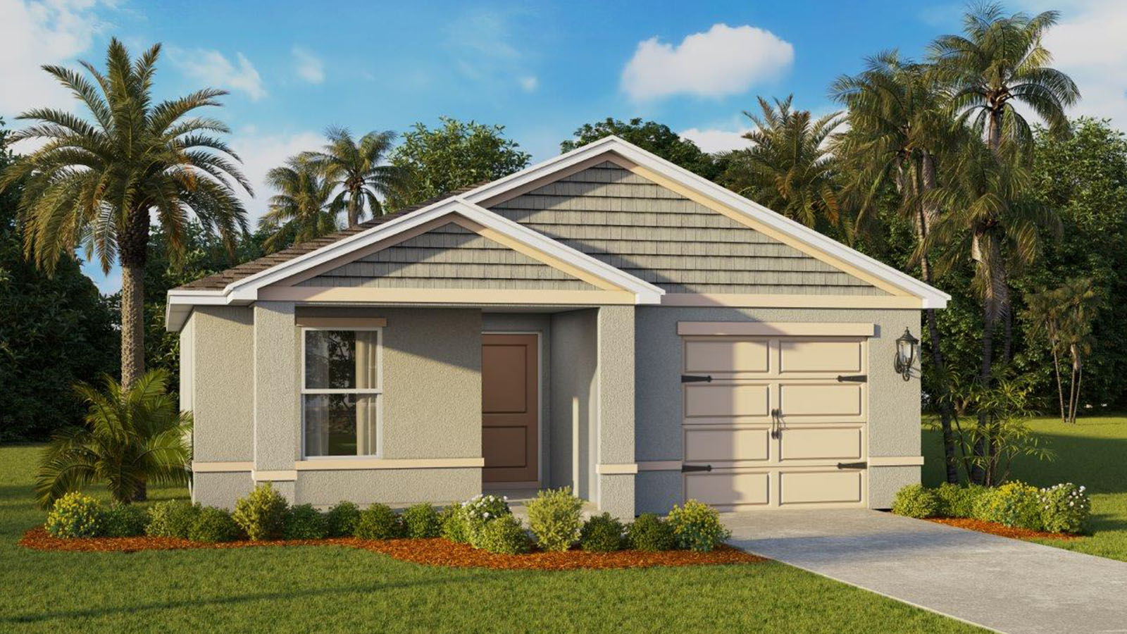 Rendering of One-story home exterior with one car garage with a front porch