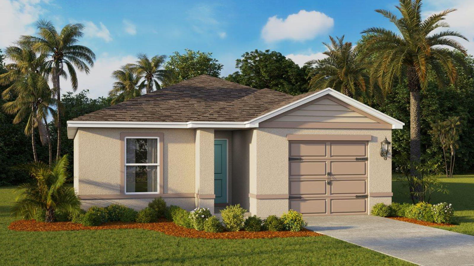 Rendering of One-story home exterior with one car garage with a front window