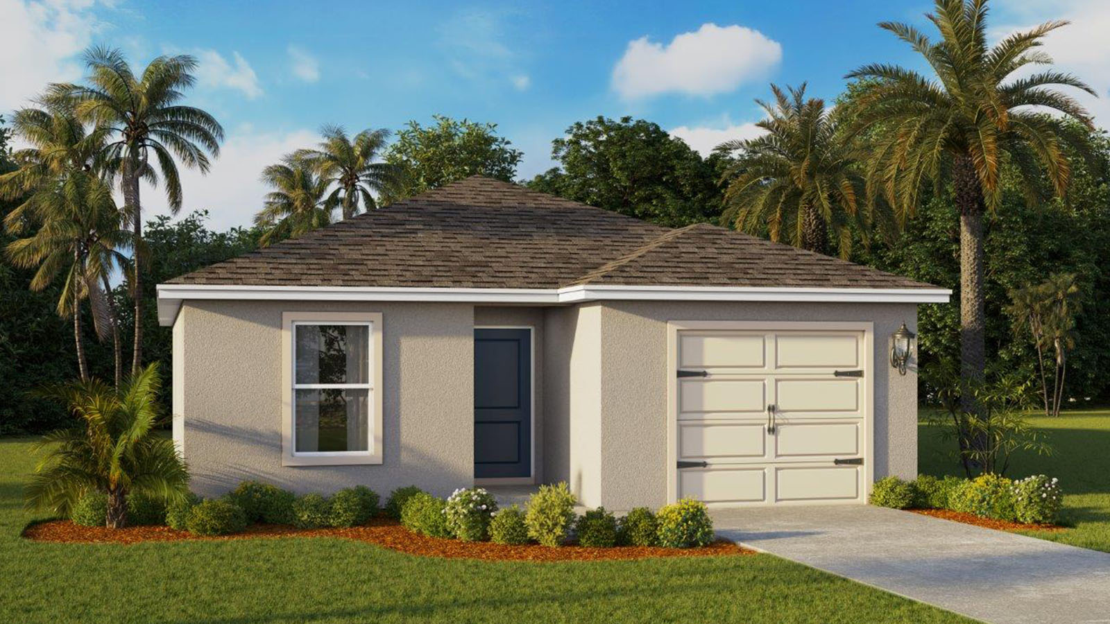 Rendering of One-story home exterior with one car garage with light color exterior