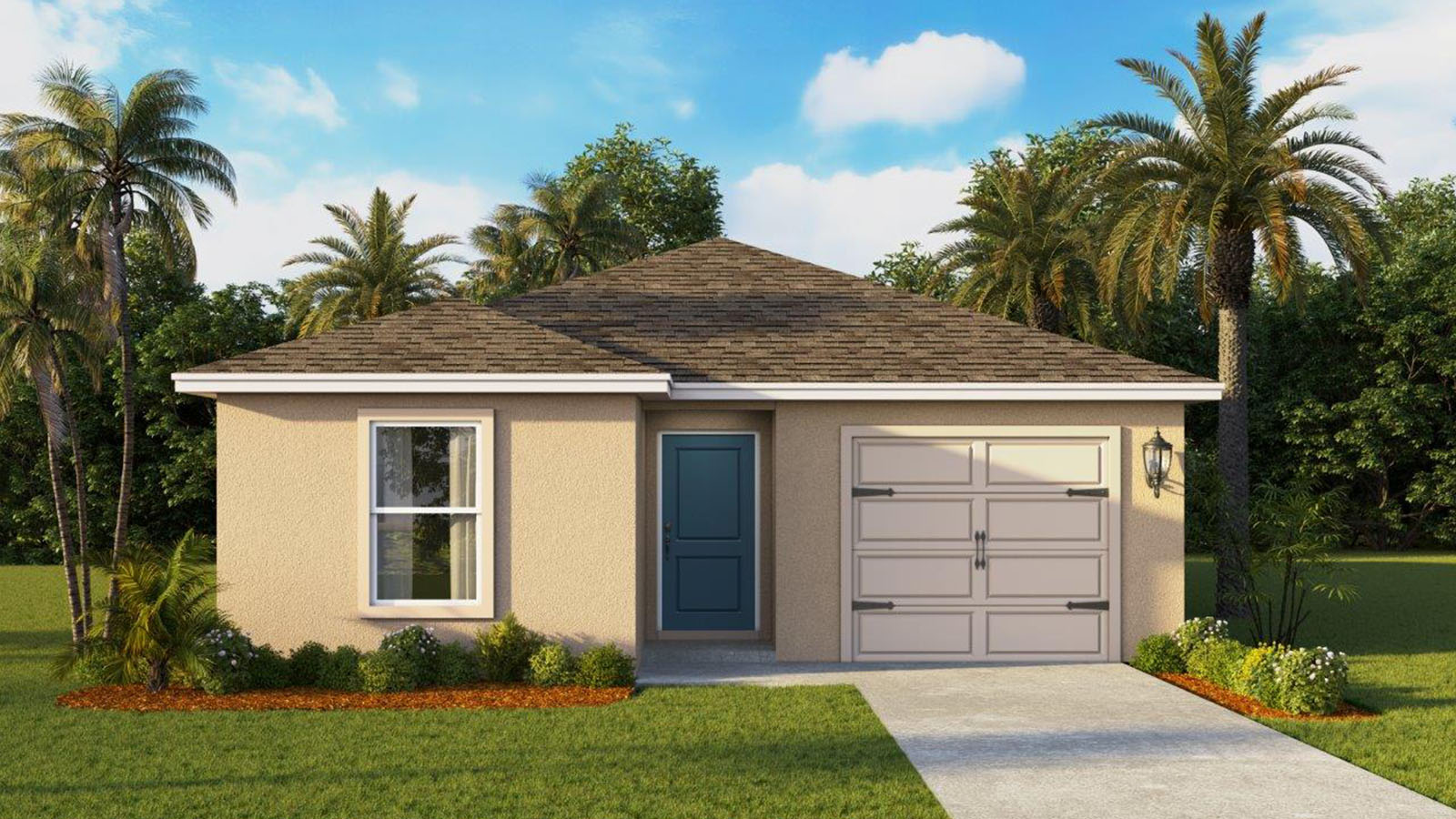 Rendering of One-story home exterior with one car garage with a light color exterior